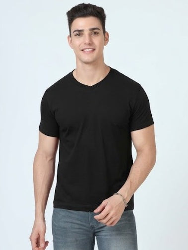 Solid V-Neck T-Shirt for Men - 100% Cotton