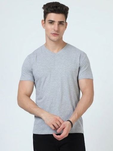Solid V-Neck T-Shirt for Men - 100% Cotton