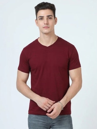 Solid V-Neck T-Shirt for Men - 100% Cotton