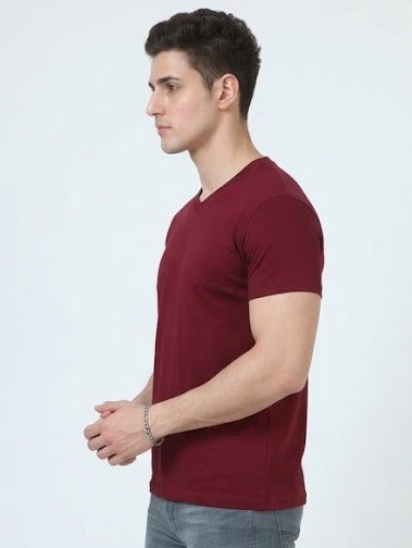 Solid V-Neck T-Shirt for Men - 100% Cotton