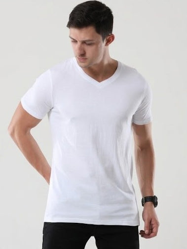 Solid V-Neck T-Shirt for Men - 100% Cotton
